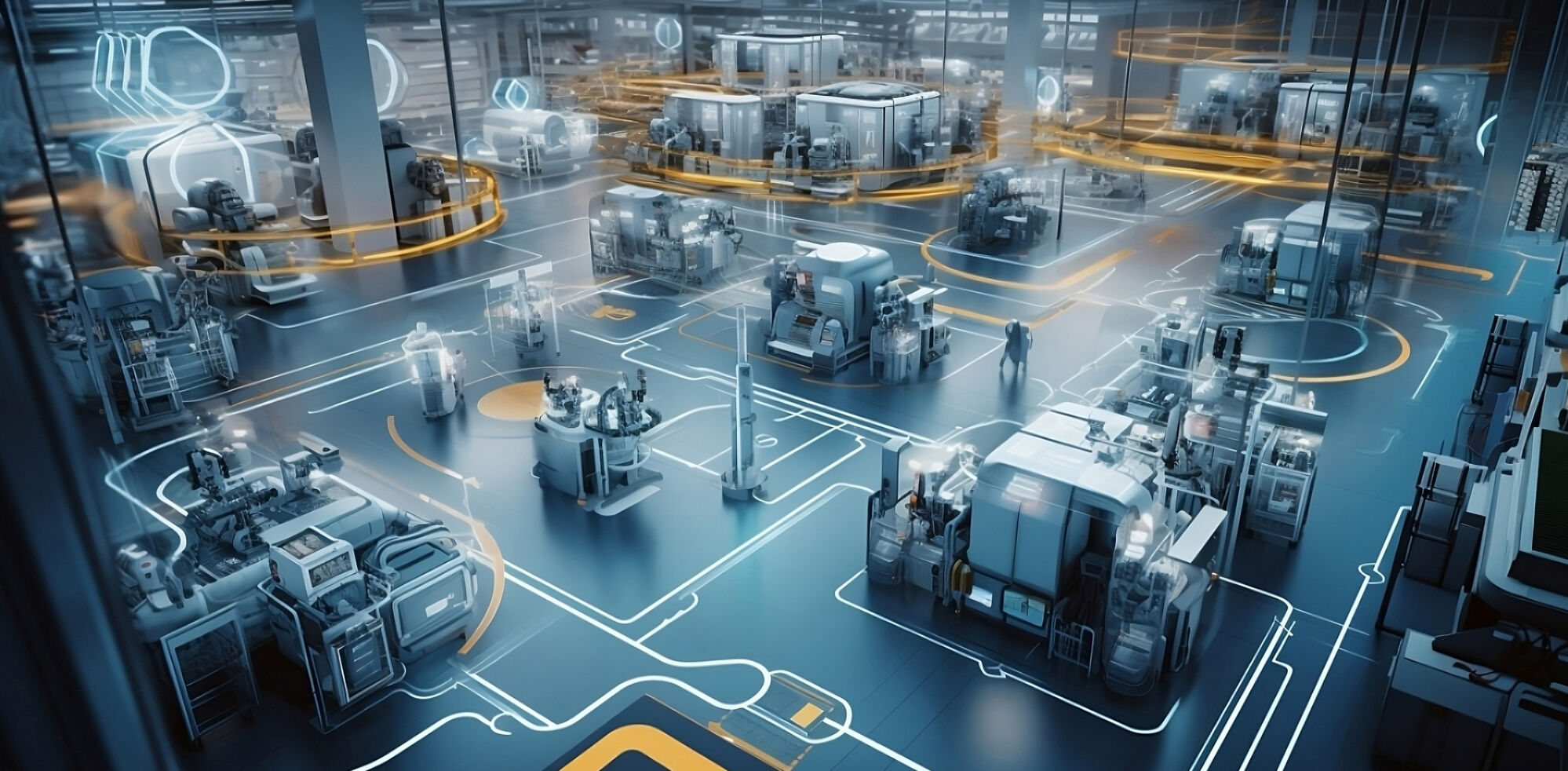 Eine Fabrikhalle in der der ein Roboter die Arbeit verrichtet