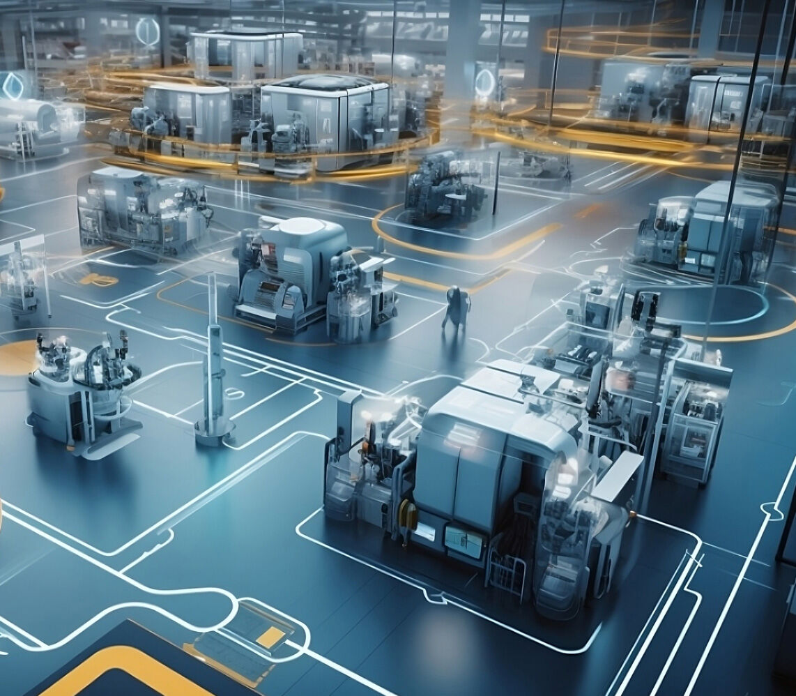 Eine Fabrikhalle in der der ein Roboter die Arbeit verrichtet