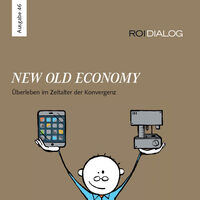 [Translate to English:] braunes Cover des ROI DIALOG Magazin mit Illustration eines Mannes der ein iPad und eine Maschine hochhebt 