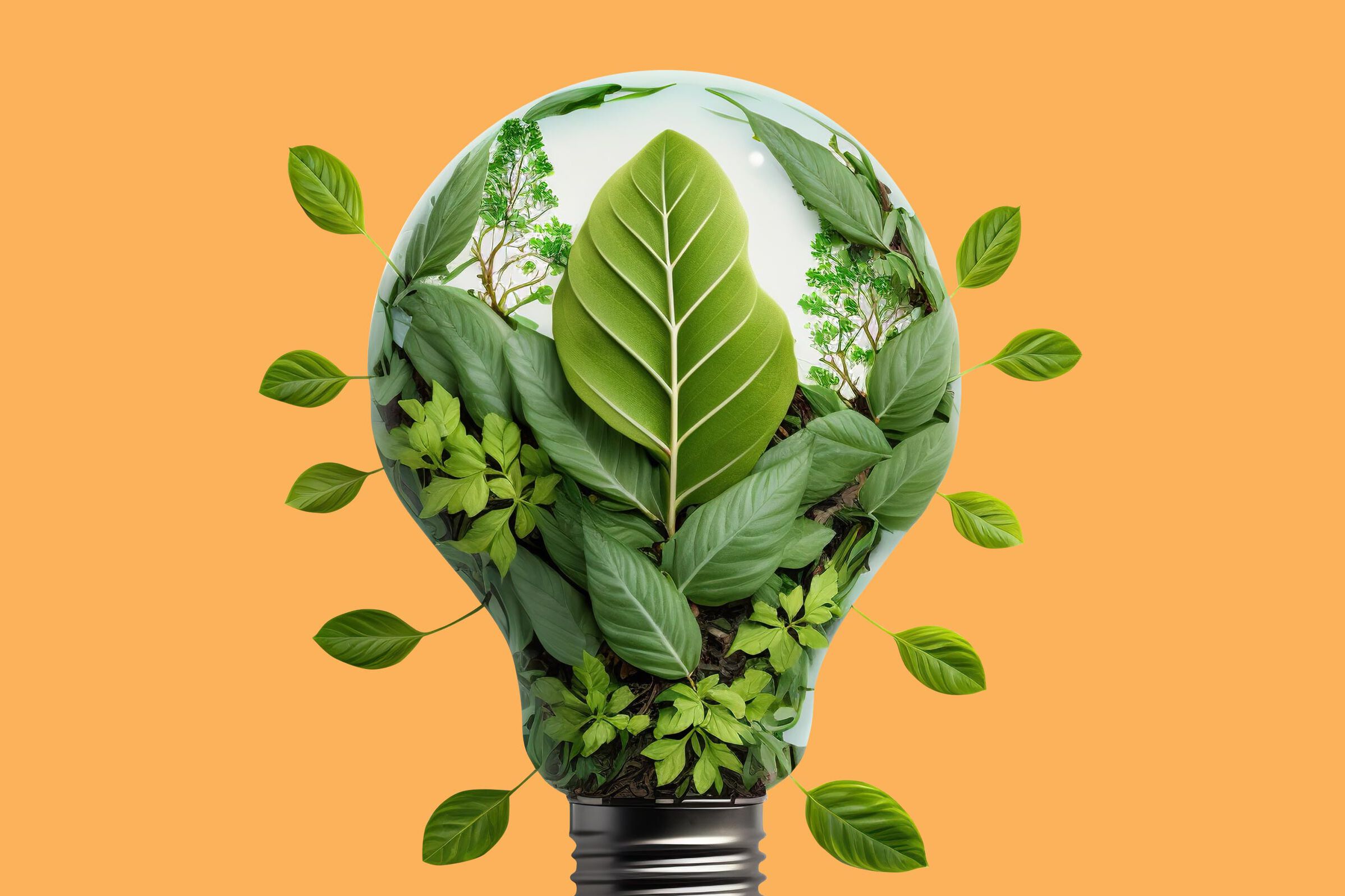 Sustainability and energy efficiency - light bulb with green leaves against an orange background