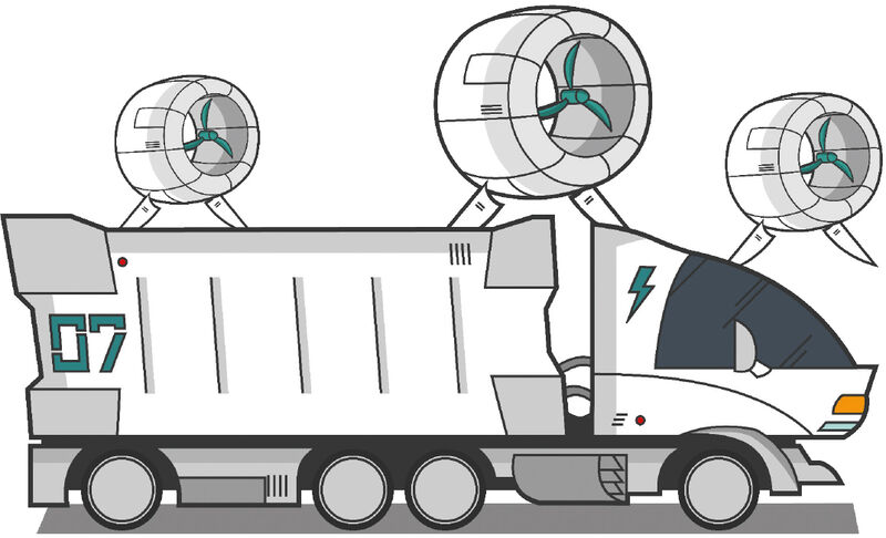 Illustration eines futuristischem E-Truck mit Windraedern