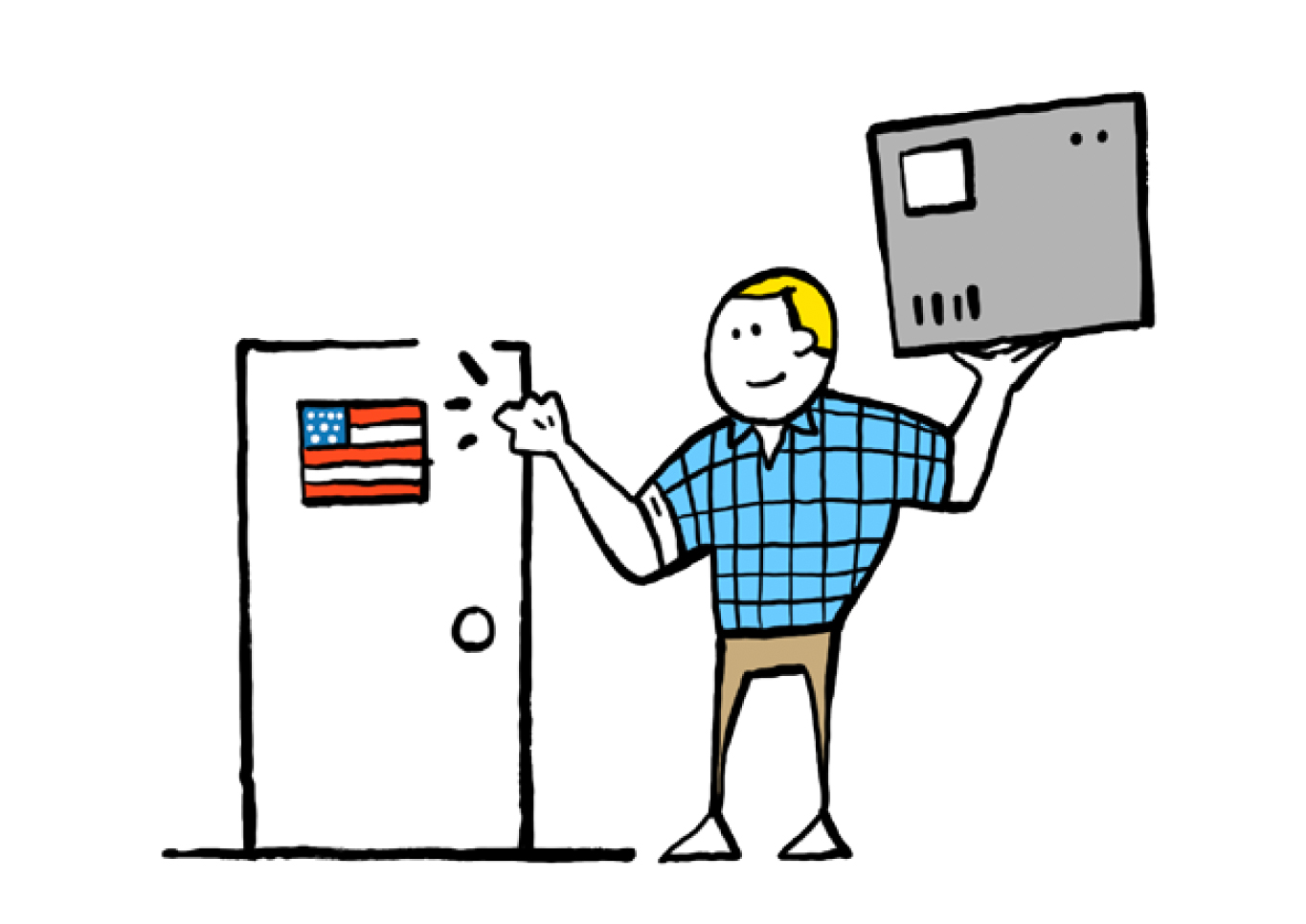 Illustration eines Mannes mit kariertem Hemd der an eine Tür mit einer amerikanischer Flagge klopft 