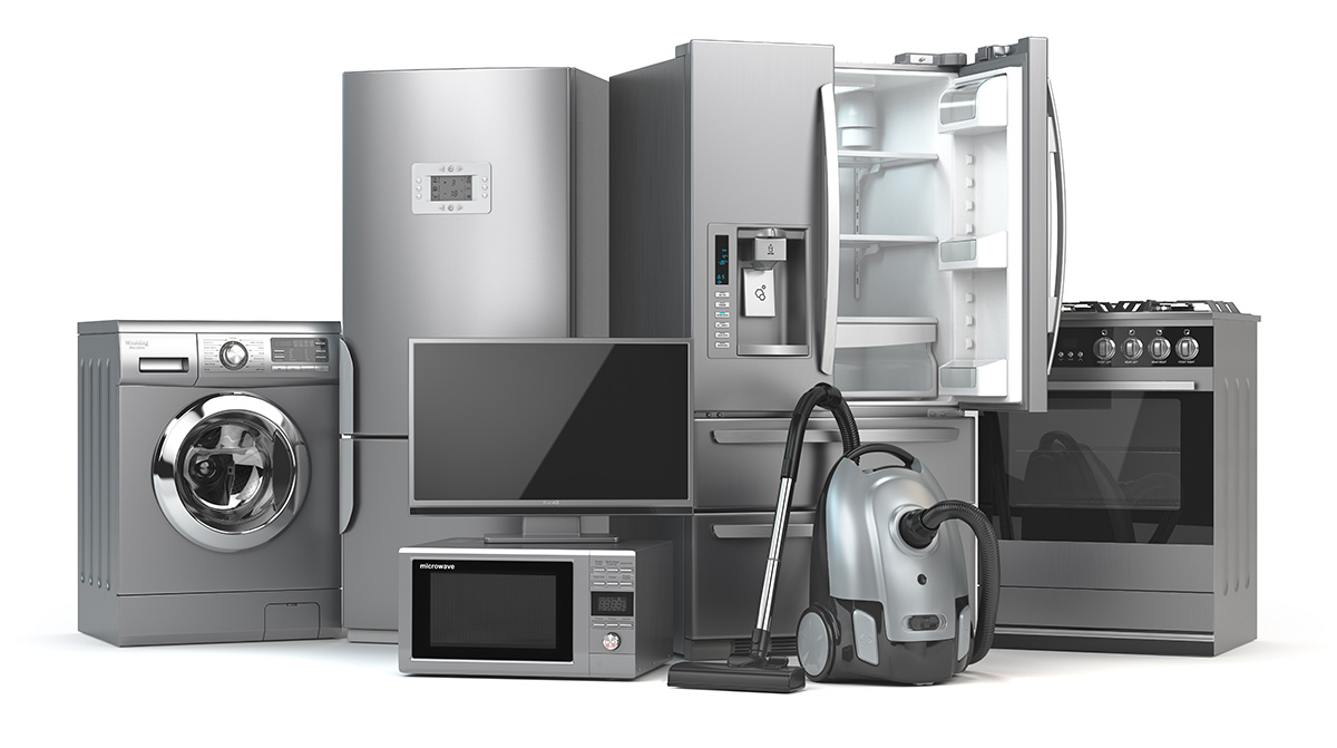 A set of household appliances against a white background.