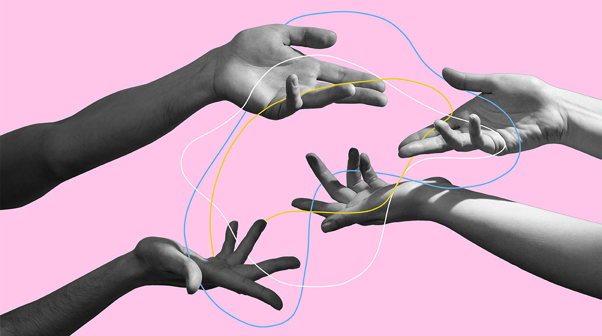 An illustration of arms and hands holding colored lines against a pink background.