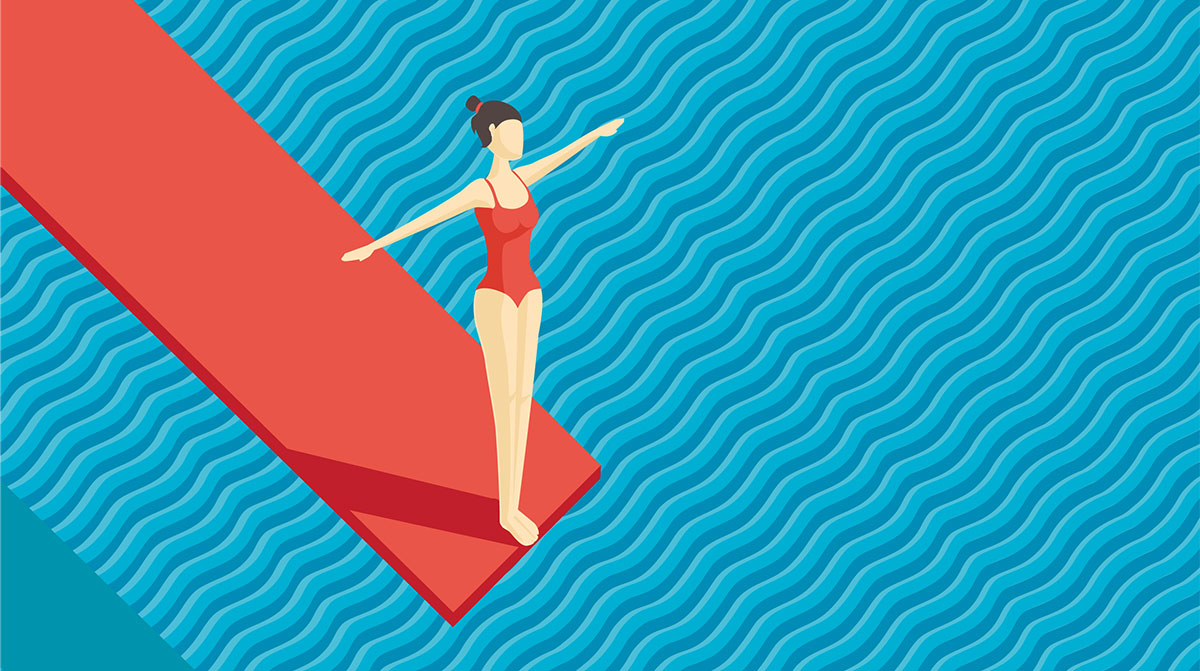 An illustration of a woman standing on a diving board over a swimming pool.