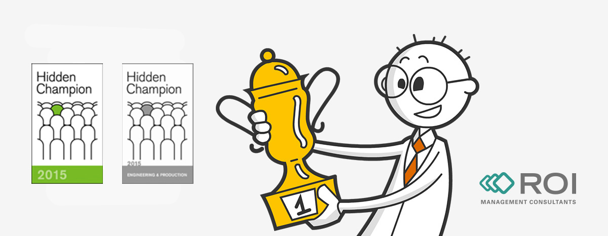 [Translate to English:] Illustration eines Mannes mit Pokal und zwei Logos Hidden Champion Award 2015